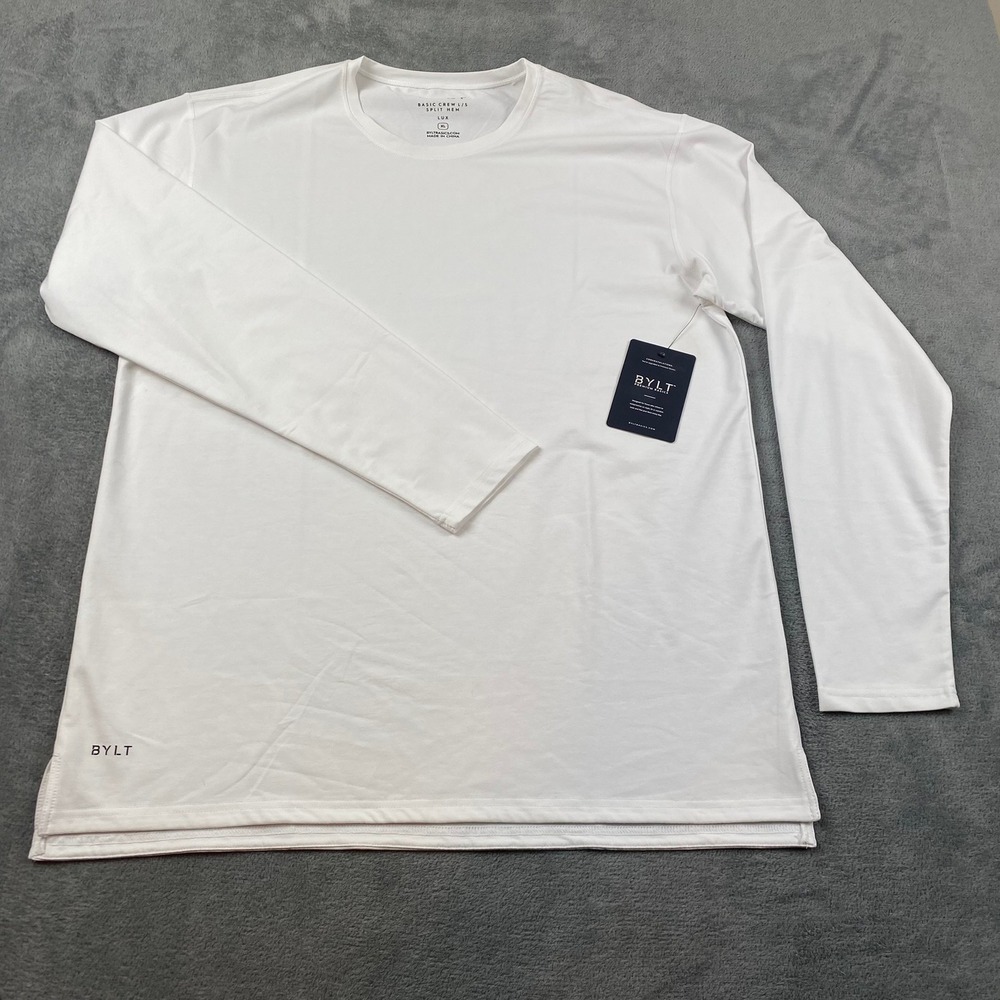 BYLT Mens XL Long Sleeve Premium Basic Split Hem Lux White Tee